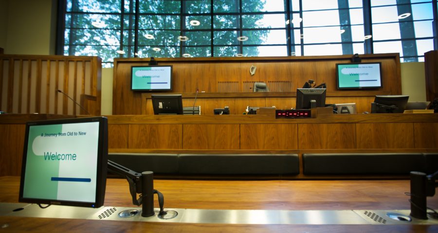 A photo of digital devices ready for use in a modern court.